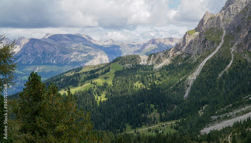 Panoramic view: Stunning view into the wide and open landscape of Alp de Siusi - Mont Seuc. Gardena Valley, South Tyrol, Italy, Europe.