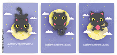 Set of birthday cards with cute black cat on the moon in paper cut style.