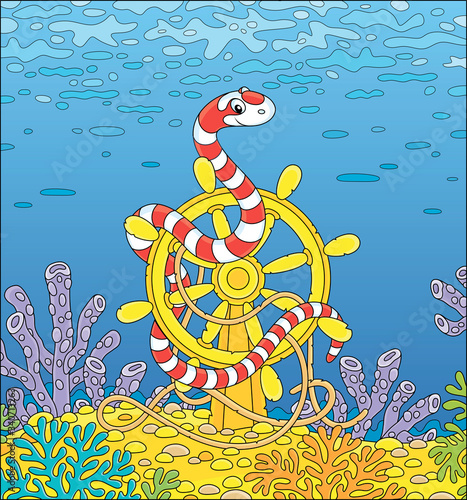 Striped red and white venomous snake twisted around an old ship helm among corals of a colorful reef in a tropical sea, vector cartoon illustration