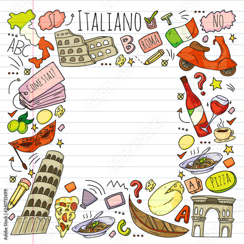 Italian language learning. Vector pattern with icons and national symbols of Italy.