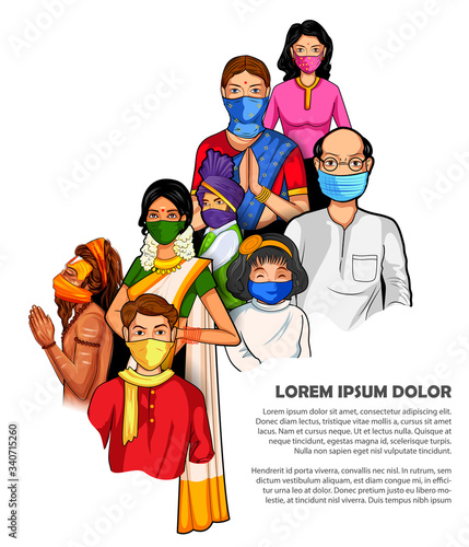 illustration of Medical background with Indian people wearing homemade mask showing prevention from deadly Novel Coronavirus 19 epidemic outbreak