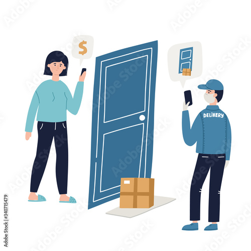Contactless delivery concept. HAnd drawn vector illustration for banner, social media. Shop online