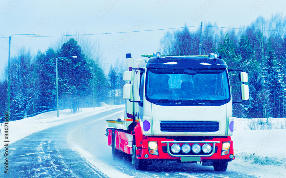 Truck at Snow Road at winter Finland of Lapland reflex Truck at Snow Road at winter Finland of Lapland reflex