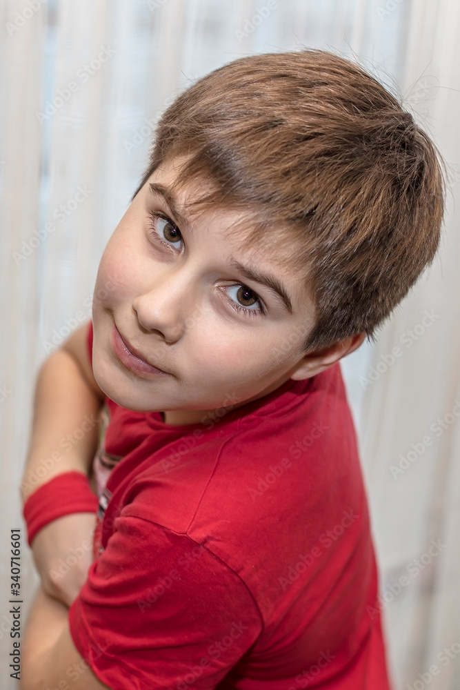 A dark-haired boy in a red T-shirt looks at you with his beautiful brown eyes. A dark-haired boy in a red T-shirt looks at you with his beautiful brown eyes.