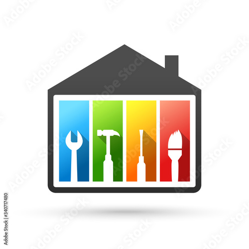 House and work tools concept. Vector illustration in flat design isolated on white background.