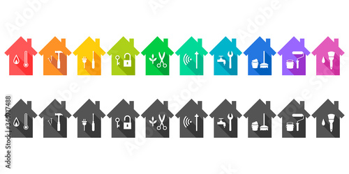 House set with various work tool icons displaying related professions and services. Colorful and gray set, vector illustration isolated on white background.