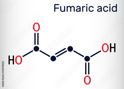 Fumaric acid, C4H4O4, molecule. It is unsaturated dicarboxylic acid, food additive E297. Skeletal chemical formula