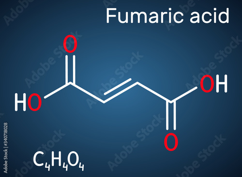 Fumaric acid, C4H4O4, molecule. It is unsaturated dicarboxylic acid, food additive E297. Structural chemical formula on the dark blue background