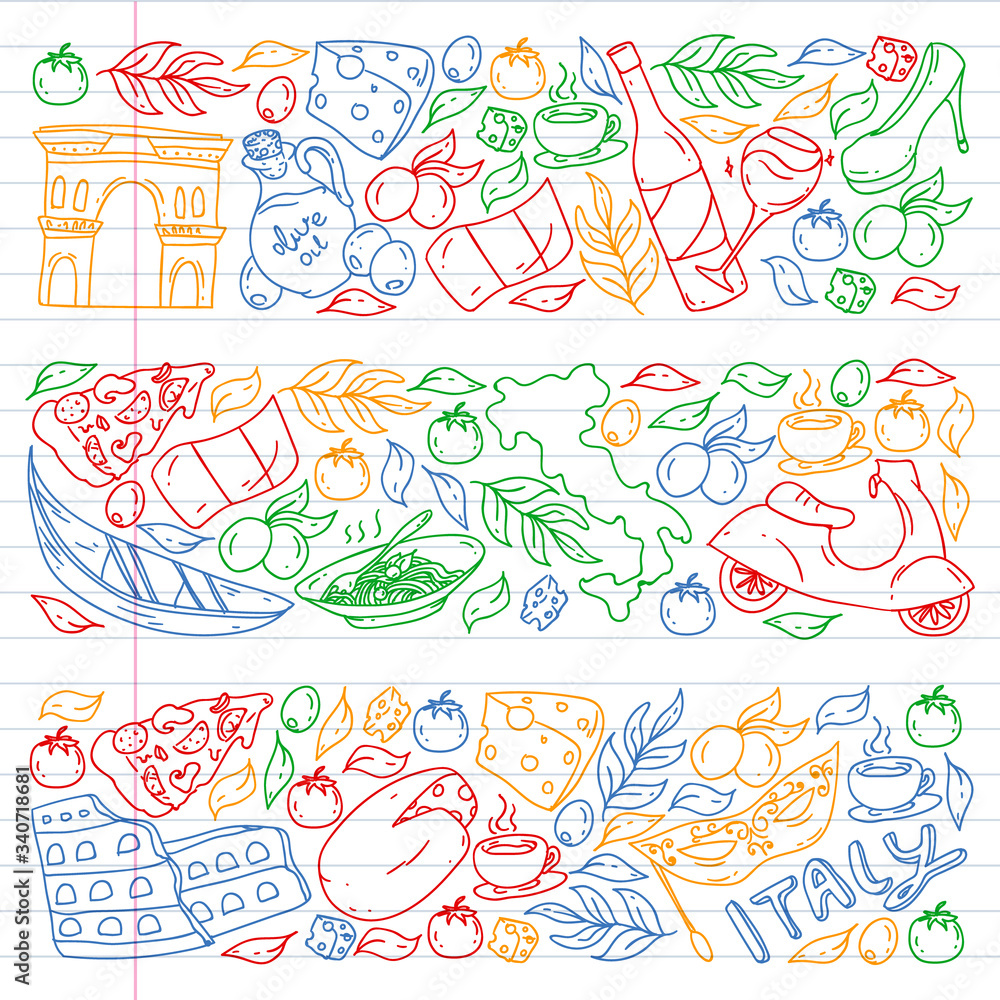 Italy vector elements and icons. Doodle pattern with italian culture, cities Roma, Venice, Milan, cheese, wine.