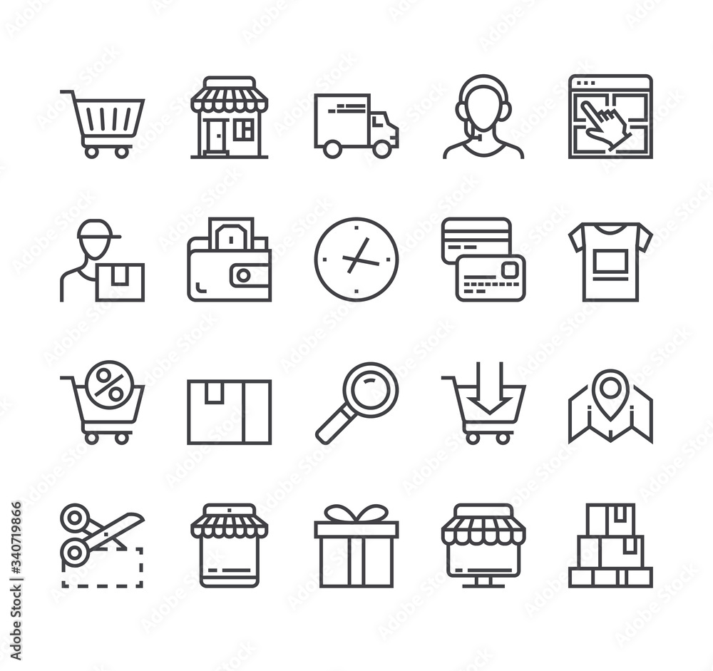 Shopping commerce delivery line icon isolated set. Vector flat graphic design Shopping commerce delivery line icon isolated set. Vector flat graphic design