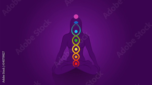 Kundalini - coiled snake. Meditating yoga woman with chakras on violet background, symbol for spiritual awakening, healing power and balance, celestial harmony and relaxation.
