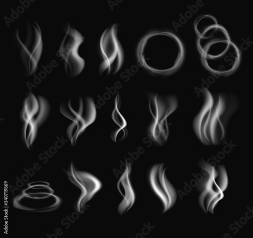 Realistic smoke steam isolated set. Vector flat graphic design illustration