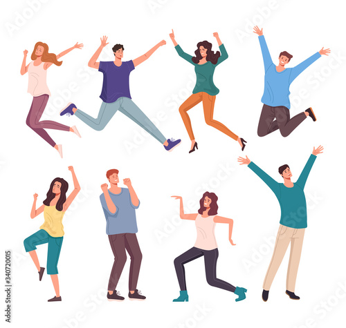 Happy smiling people characters jumping isolated set. Vector flat cartoon graphic design illustration