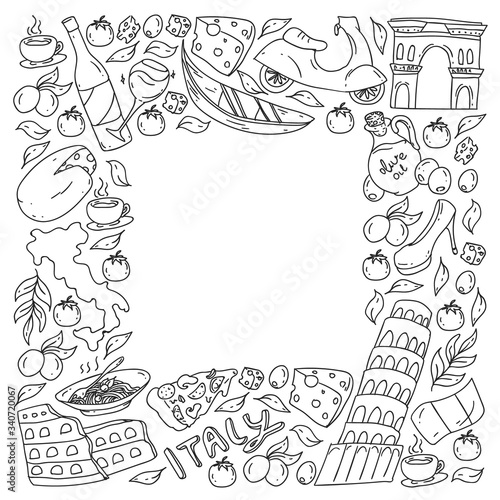 Italy vector elements and icons. Doodle pattern with italian culture, cities Roma, Venice, Milan, cheese, wine.