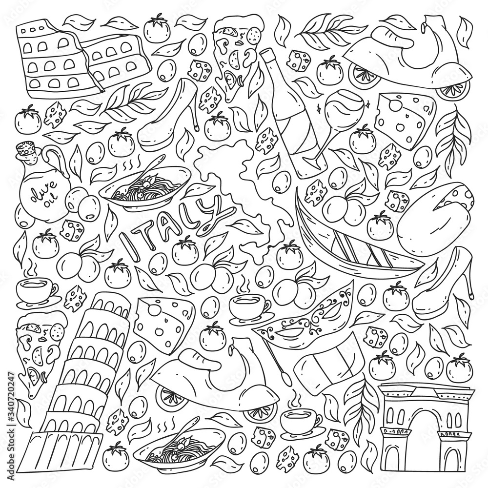 Italy vector elements and icons. Doodle pattern with italian culture, cities Roma, Venice, Milan, cheese, wine. Italy vector elements and icons. Doodle pattern with italian culture, cities Roma, Venice, Milan, cheese, wine.