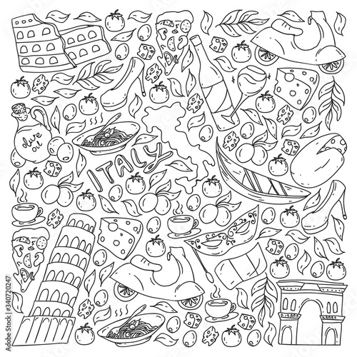 Italy vector elements and icons. Doodle pattern with italian culture, cities Roma, Venice, Milan, cheese, wine.
