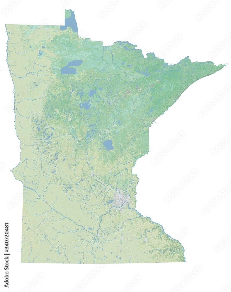 High resolution topographic map of Minnesota with land cover, rivers and shaded relief in 11