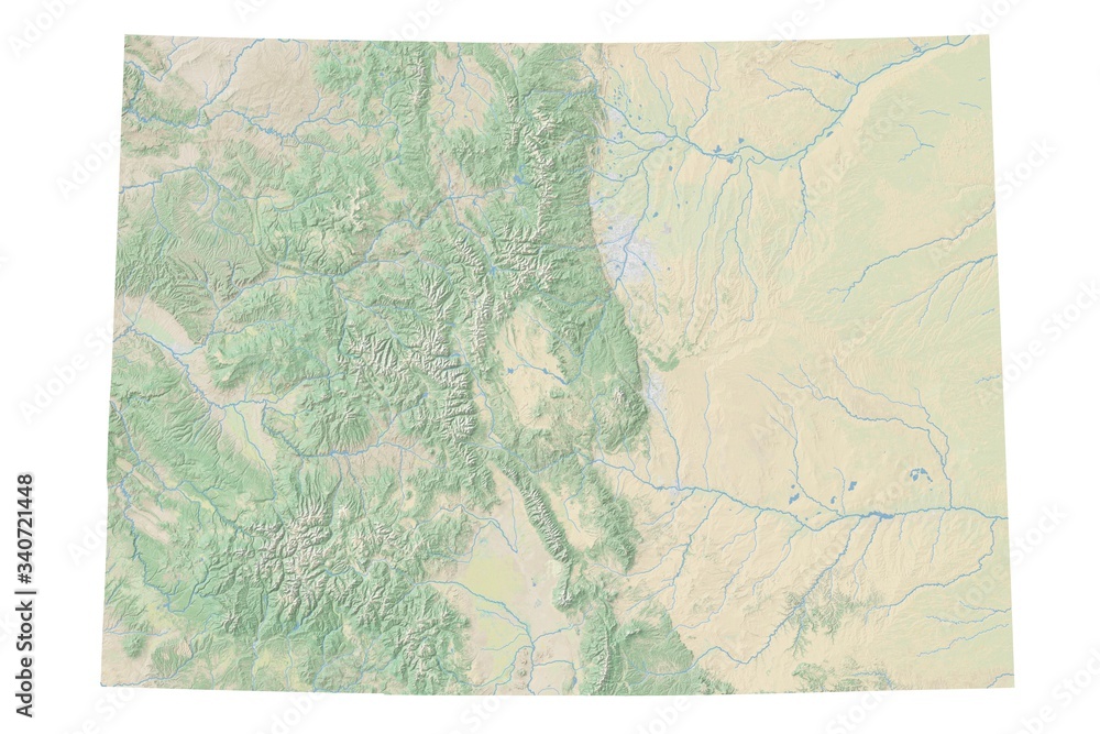 High resolution topographic map of Colorado with land cover, rivers and shaded relief in 1:1.000.000 scale.