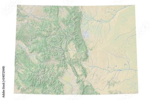 High resolution topographic map of Colorado with land cover  rivers and shaded relief in 1 1.000.000 scale.