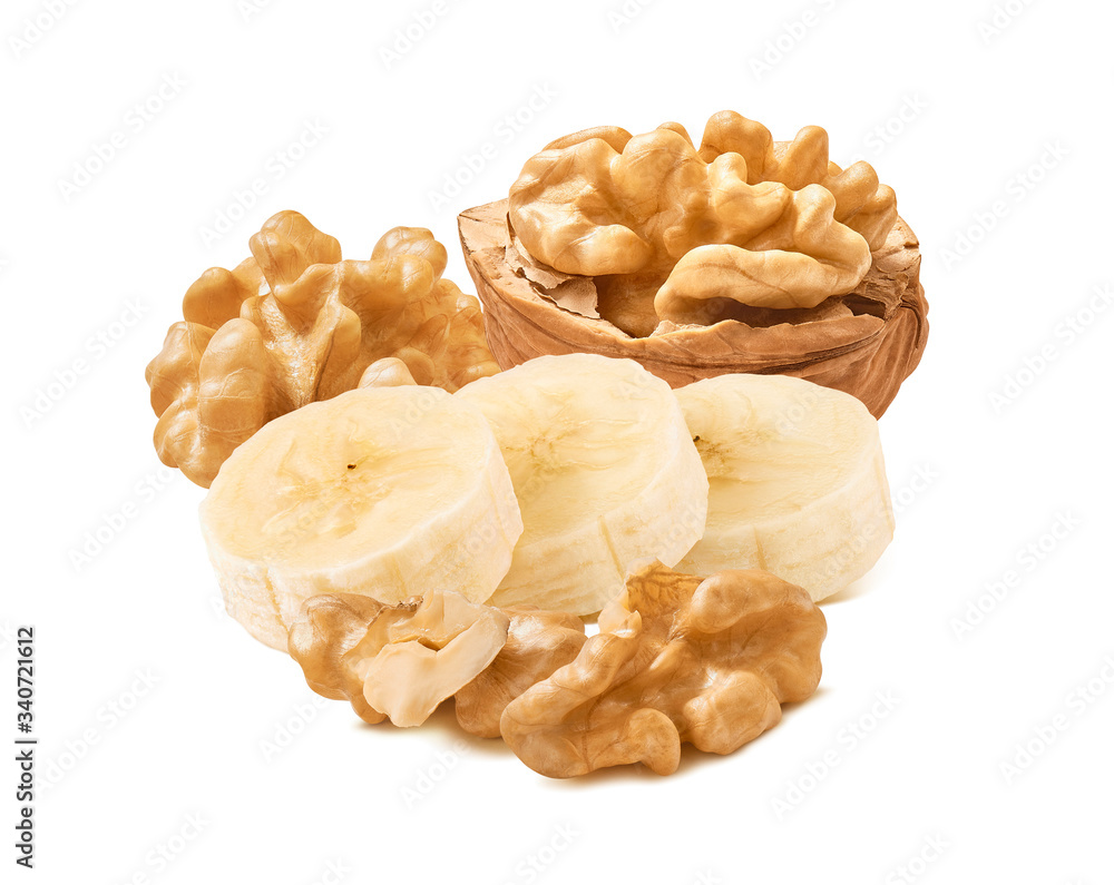 Walnuts and banana slices isolated on white background for package design Walnuts and banana slices isolated on white background for package design