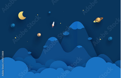 Night sky with moon, stars and planets. Paper art 3D abstract background with origami shapes. Paper waves, layers texture. Geometric design layout. vector illustration