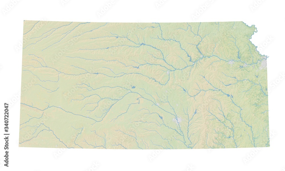High resolution topographic map of Kansas with land cover, rivers and shaded relief in 1:1.000.000 scale.