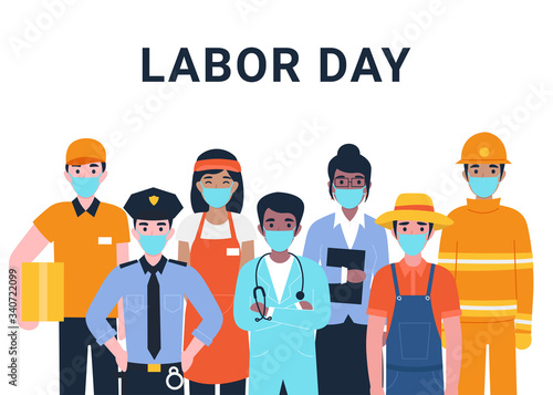 International Labor Day. Set people characters actual important professions covid 19. Coronavirus pandemic. Flat vector cartoon modern illustration concept for banner, poster, layout, background.