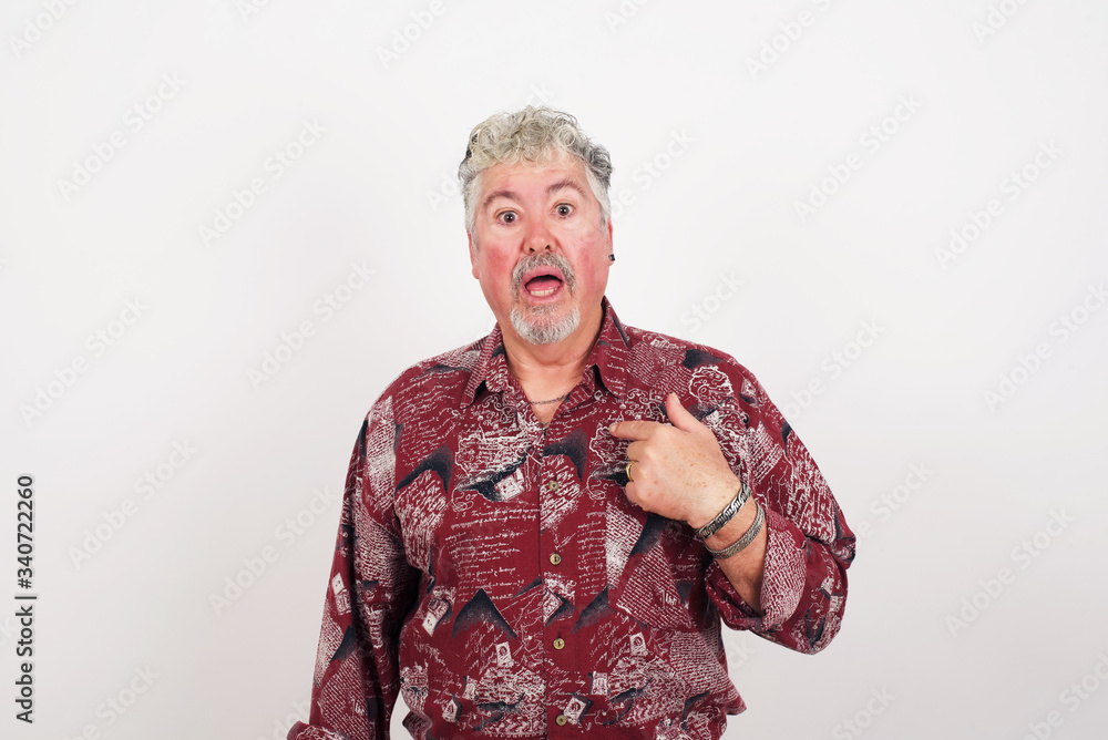 Surprised handsome man student being in stupor shocked, has astonished expression pointing at herself with finger saying: Who me? Isolated over gray background. Surprised handsome man student being in stupor shocked, has astonished expression pointing at herself with finger saying: Who me? Isolated over gray background.