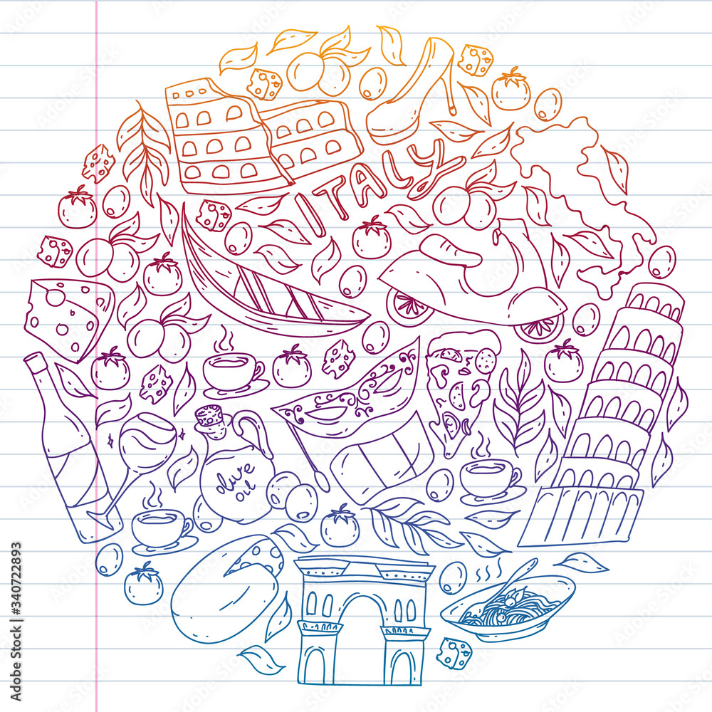 Italy vector elements and icons. Doodle pattern with italian culture, cities Roma, Venice, Milan, cheese, wine.