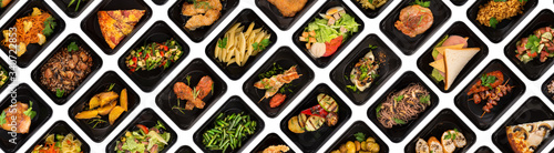 Collection of black plastic take away boxes with healthy food. Set of containers with everyday meals - meat, vegetables and law fat snacks on white background