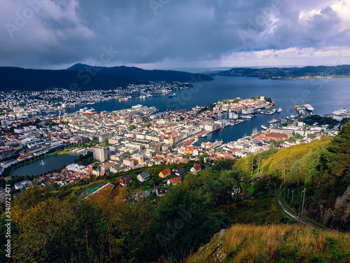 Panoramic view on the Norway city Bergen streets and buildings at cloudy weather