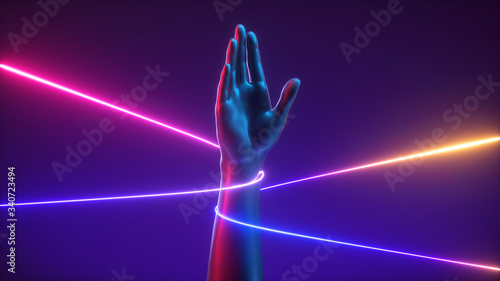 3d render, abstract minimal futuristic concept, artificial hand open palm with colorful strings, pink blue yellow neon glowing lines. Mannequin body part isolated on dark ultraviolet background photo