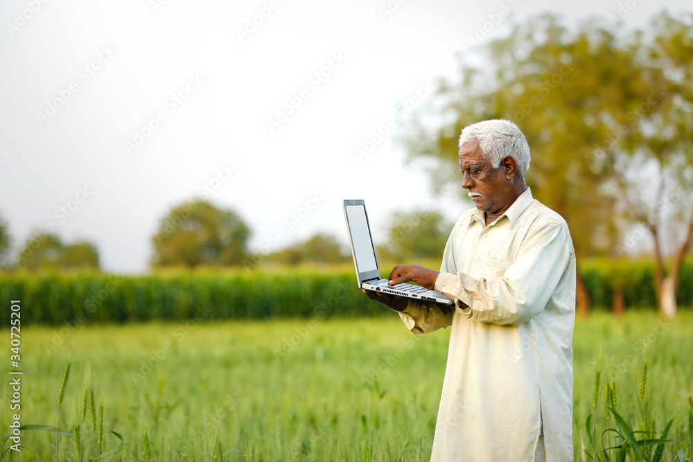 young indian farmer using laptop at wheat field young indian farmer using laptop at wheat field