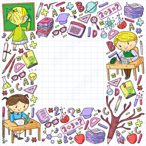 Back to school. Vector icons and elements for little children, college. Doodle style, kids drawing