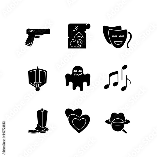 Different movie styles and genres black glyph icons set on white space. Popular film and TV show types. Media entertainment, filmmaking industry silhouette symbols. Vector isolated illustration