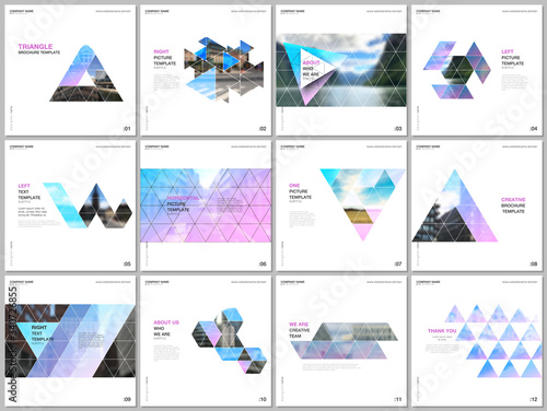 Minimal brochure templates with triangular design background, triangle style pattern. Covers design templates for square flyer, leaflet, brochure, report, presentation, advertising, magazine.