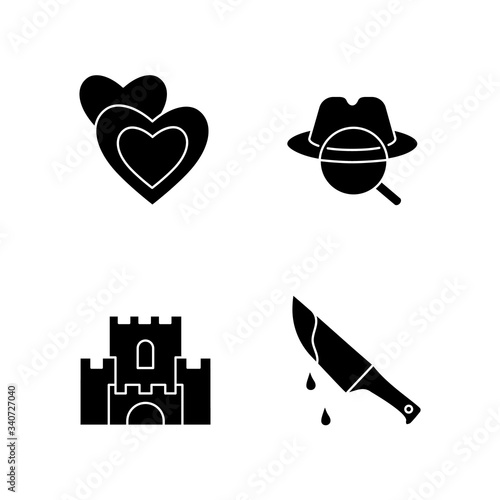 Popular movie types black glyph icons set on white space. Romantic films, detective mystery, fantasy and thriller silhouette symbols. Different cinematography genres. Vector isolated illustration