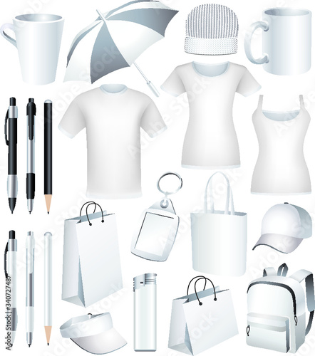 Set of white, blank business corporate identity templates, gifts, packaging and souvenirs. Promotional. Vector.