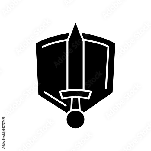 History epic black glyph icon. Common movie genre, filmmaking category silhouette symbol on white space. Medieval action adventure, fantasy fiction. Sword and shield vector isolated illustration