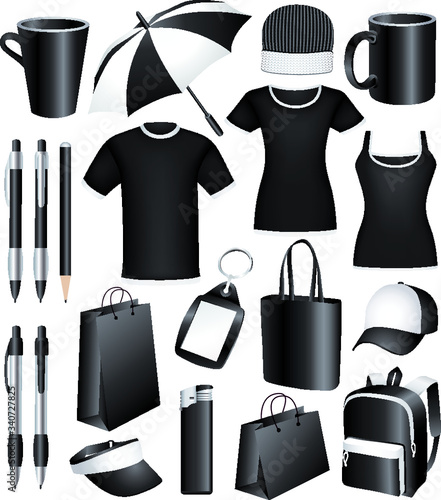 Set of black, blank business corporate identity templates, gifts, packaging and souvenirs. Promotional. Vector.