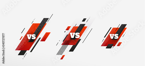 Set of Vs battle headline, conflict duel between Red and Blue teams. Confrontation fight competition. Boxing martial arts mma football basketball soccer fighter match vector background.
