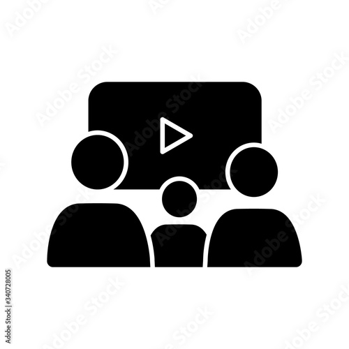 Family picture black glyph icon. Filmmaking style, cinema genre silhouette symbol on white space. Family friendly movies and TV series. Parents and kid watching film vector isolated illustration