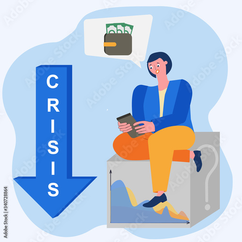 Woman learns information about the crisis and the loss of money. Vector illustration of the concept of financial problems, economic crisis, business bankruptcy, unpaid loan debt, securities fall