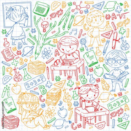 Back to school. Vector icons and elements for little children  college. Doodle style  kids drawing