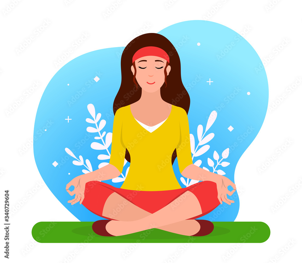 Yoga. Young woman sitting in yoga posture and meditating. Girl performing aerobics exercise and morning meditation at home. Physical and spiritual practice. Stay at home and to do self isolation