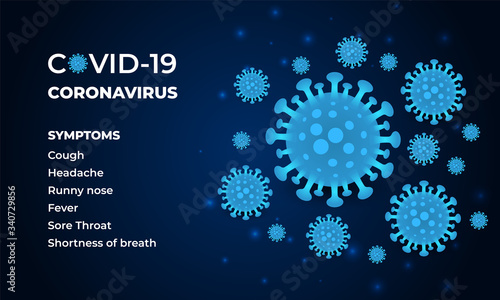 Coronavirus symptoms on a dark vector background. Covid-19 virus cells on a blue vector background. Novel corona virus Covid 19 symptoms. Vector sign of virus 2019-nCoV.