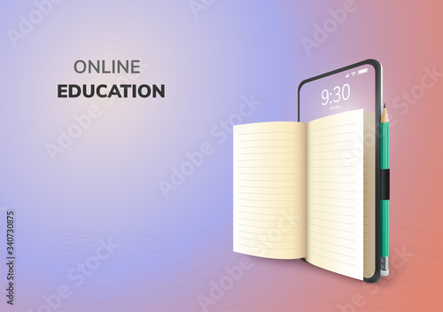 Digital learning Online Education internet and blank space on phone, mobile website background. social distance concept. decor by paper note book lecture pencil eraser mobile. 3D vector Illustration.