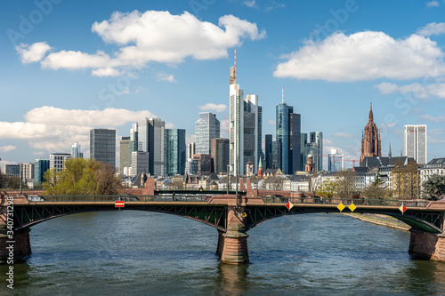 Frankfurt  Germany - March 31  2020  frankfurt skyline view with ignas bubis bridge during daytime