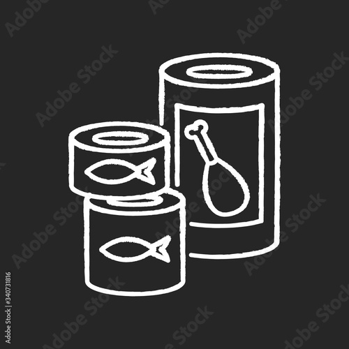 Canned goods and soups chalk white icon on black background. Preserved meat in tin. Fish products. Conserved food for pantry storage. Groceries, supermarket. Isolated vector chalkboard illustration