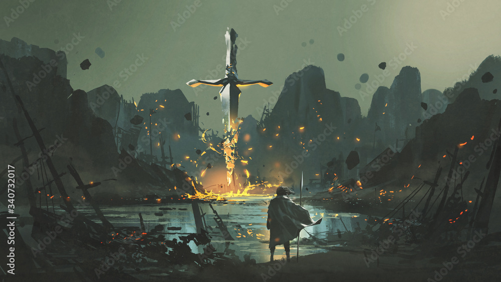 Naklejka premium wojownik stojący w opuszczonym porcie i patrzący na złamany olbrzymi miecz, styl grafiki cyfrowej, malowanie ilustracji